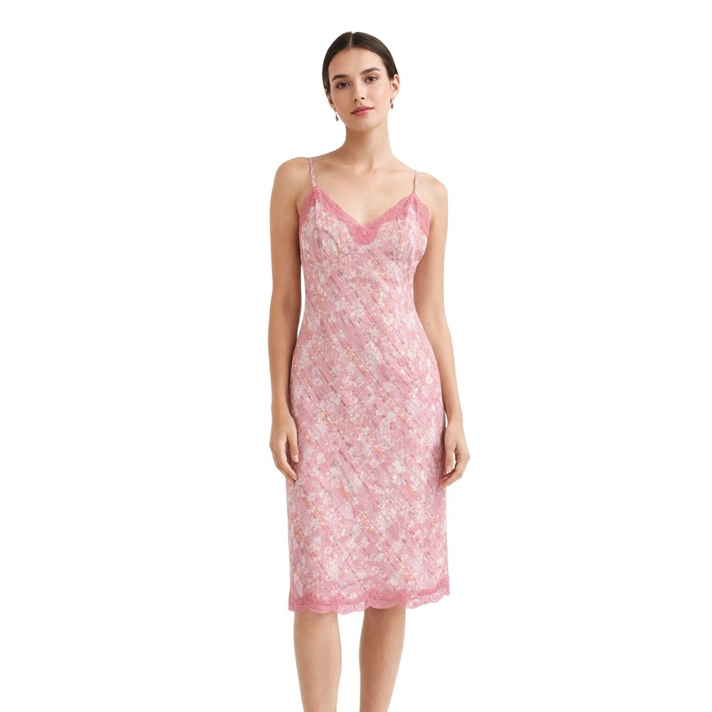 NWT Gold Hawk Pink Floral 100% Silk Slip Dress Lace Trim Camillia Rose‎ Bridal M